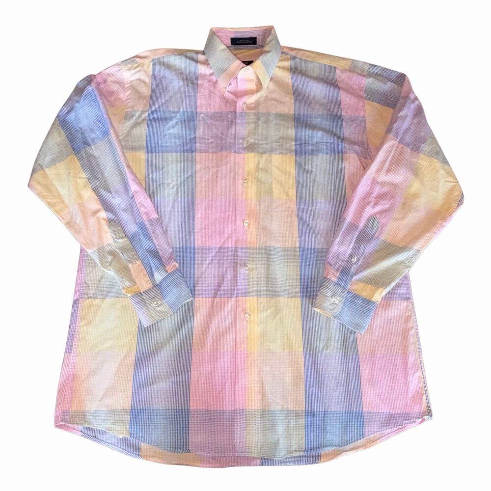 Vintage Overton Pastel Plaid Button Down Shirt Men’s Size Large 100% Cotton